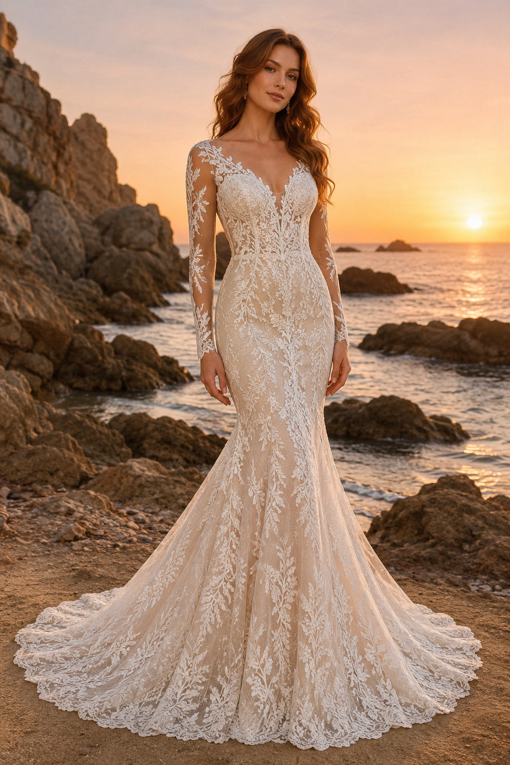 Ivory Long Sleeve Lace Mermaid Wedding Dress Chapel Train for Bridal Ceremony and Reception front view