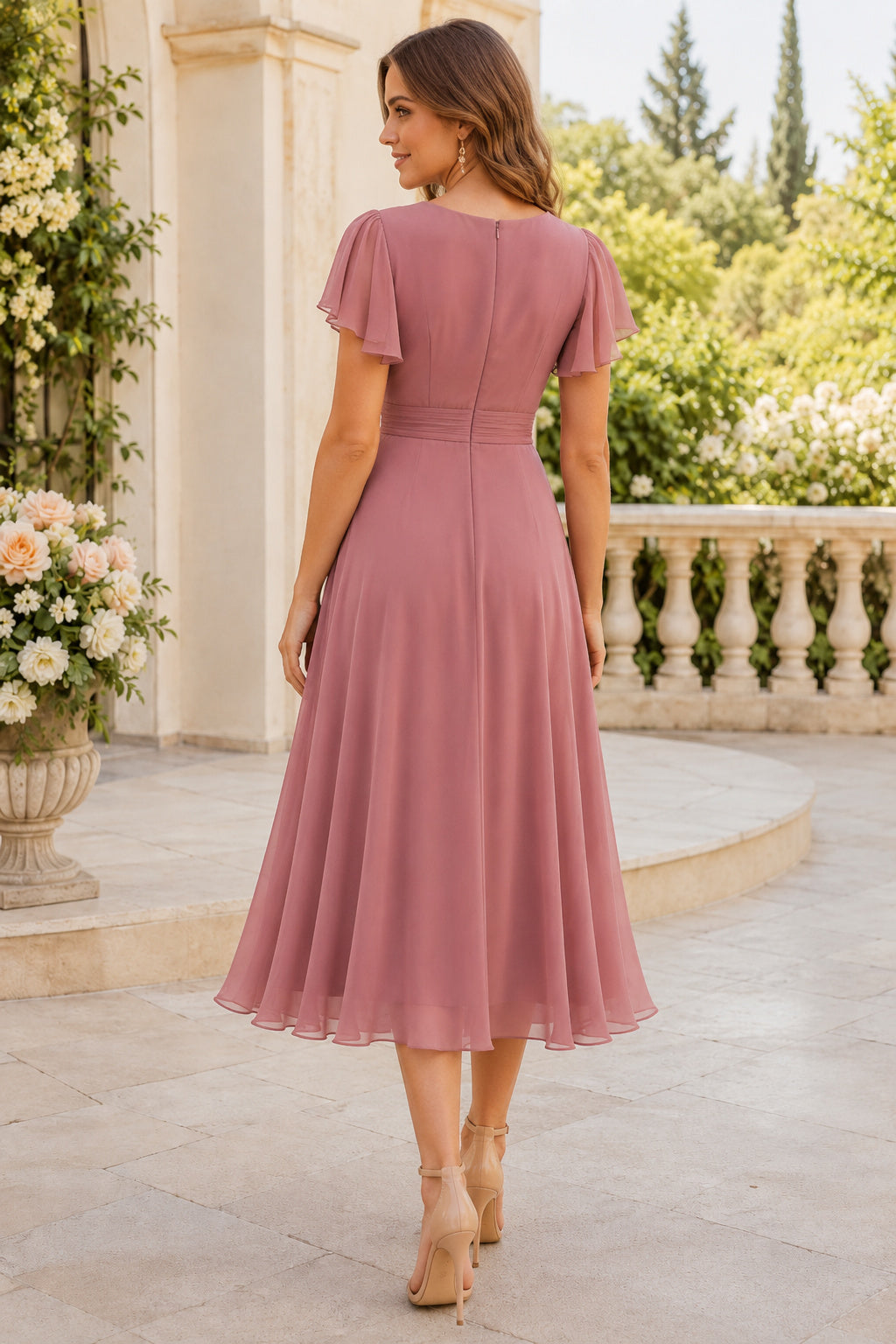 Dusty Rose Semi Formal Wedding Guest Sheath Dress back view