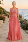 Coral Long Sleeve A-Line Mother Dress with Lace Bodice and Chiffon Skirt for Evening Reception front view