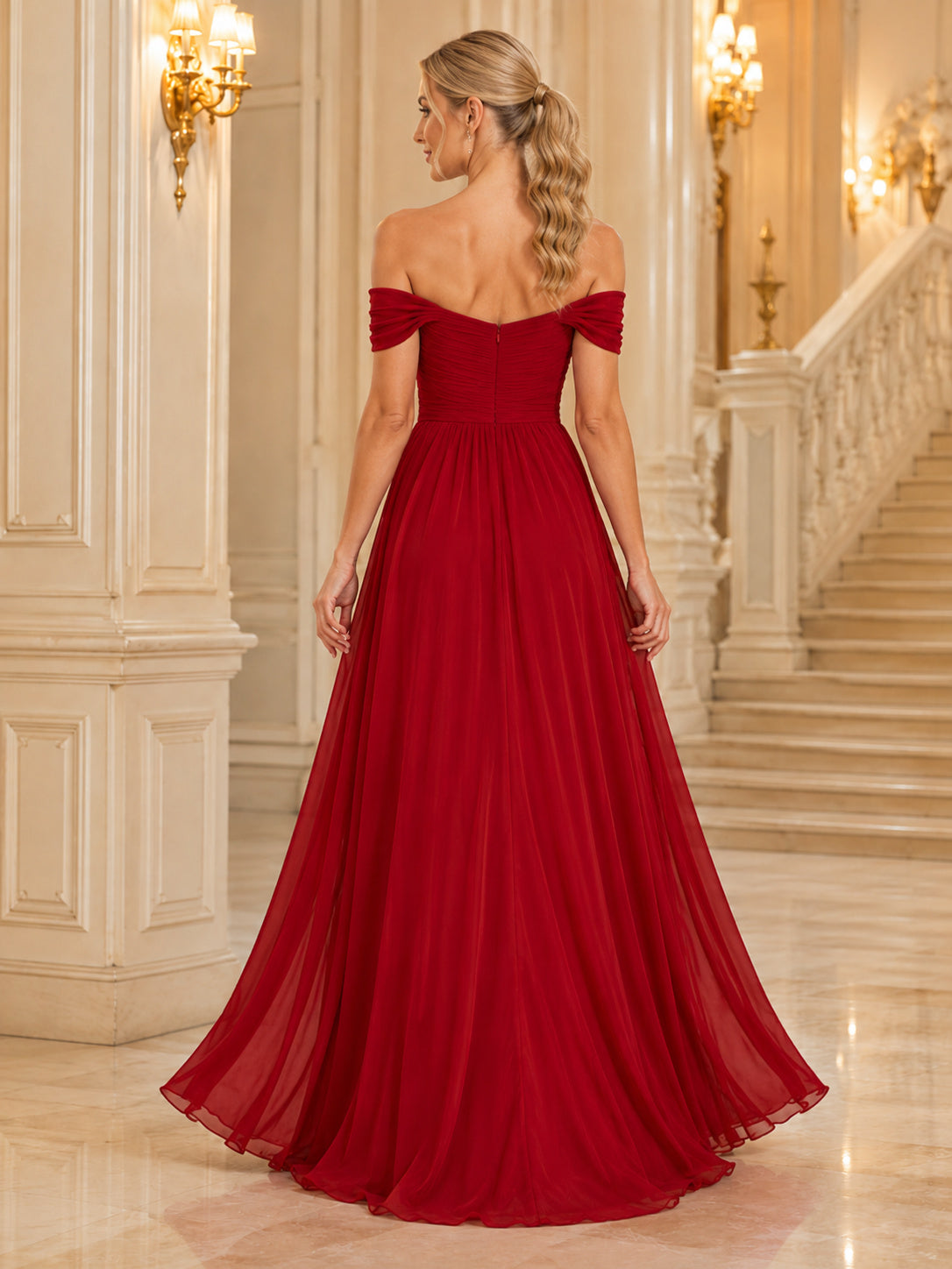 Red Off Shoulder Chiffon A Line Gala Gown back view