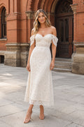 Ivory Off-the-Shoulder Lace Tea-Length Sheath Cocktail Dress with Short Sleeves front view