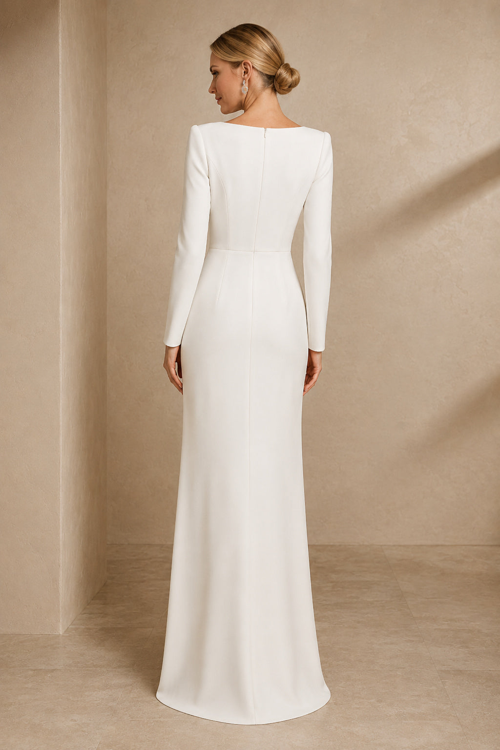Ivory bateau neck long sleeve sheath wedding dress with clean floor length skirt Floor-length Sheath Wedding Dress back view