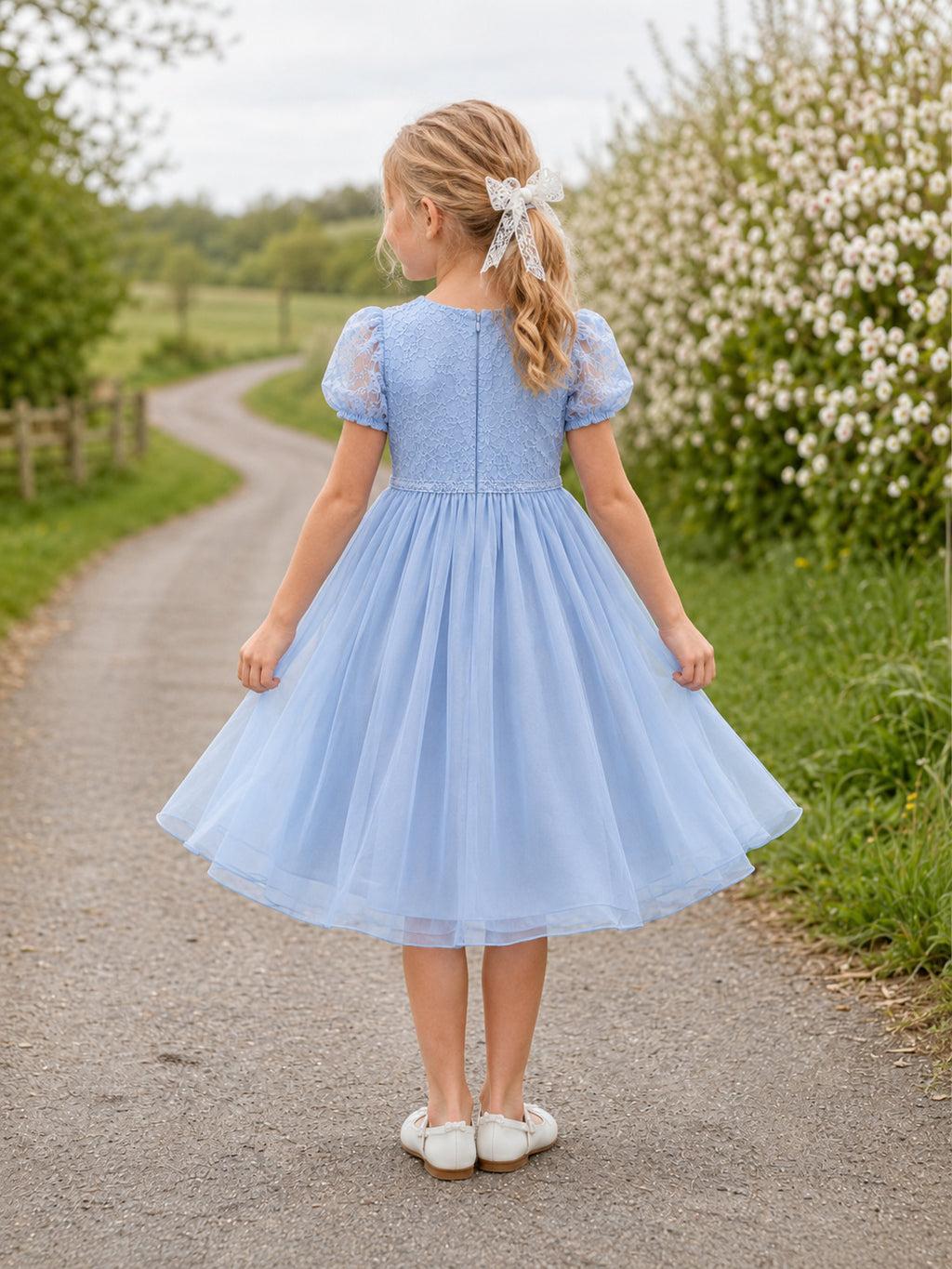Country Garden Sky Blue Puff Sleeve Tulle Tea-Length A-Line Flower Girl Dress with Jewel Neck and Floral Detail back view