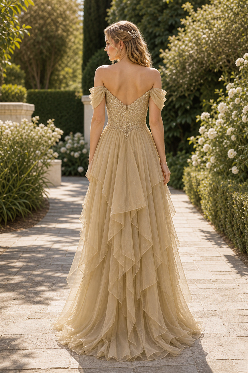 Champagne V-neck Flutter Sleeves A-Line Chiffon Floor-length Formal Dress With Ruffles and Front Slit and Open Back
