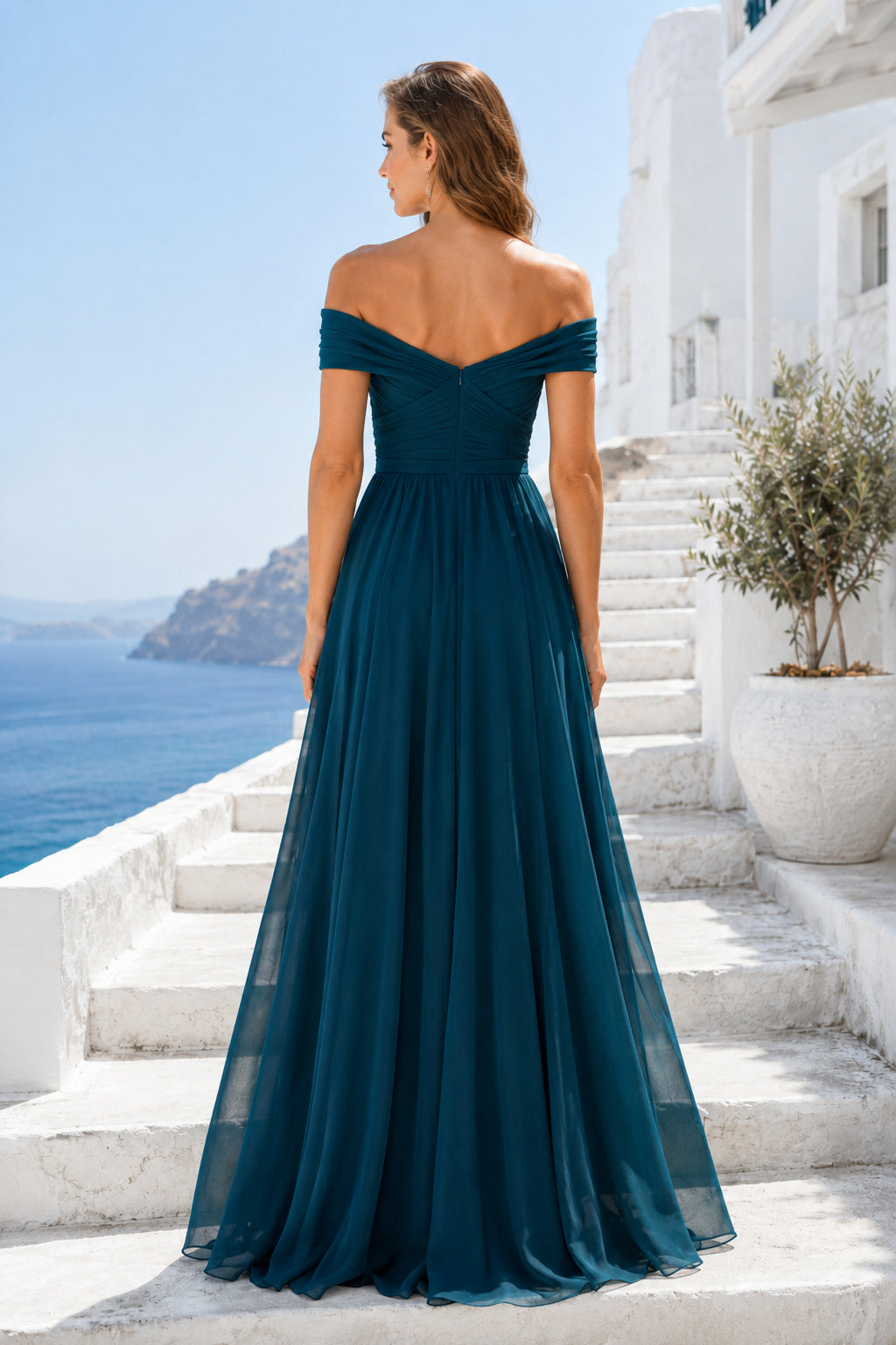 Bridesmaid Dress Peacock Tulle Chiffon A-Line Off Shoulder Short Sleeve Draped Floor Length back view