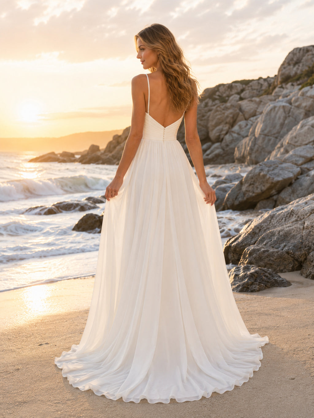 Spaghetti Strap Tulle Rocky Shoreline Elopement A Line Gown back view