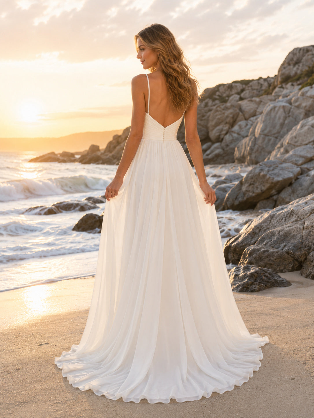 Spaghetti Strap Tulle Rocky Shoreline Elopement A Line Gown back view