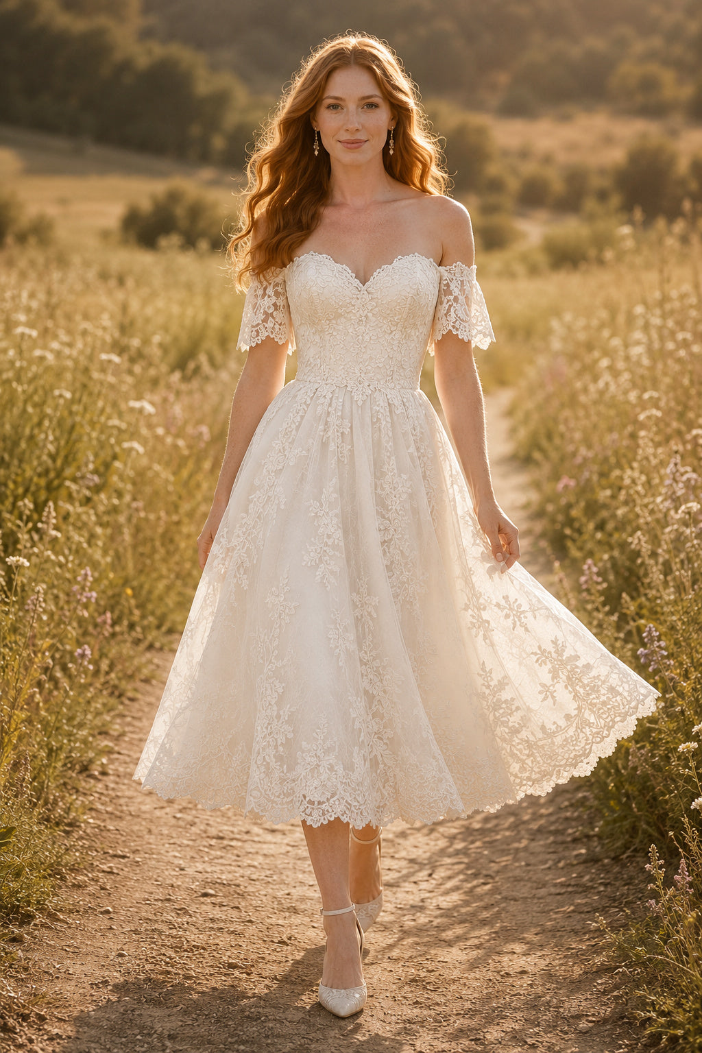 Ivory Off Shoulder Cap Sleeve Lace Tea Length Wedding Dress for Wedding Reception and Party front view