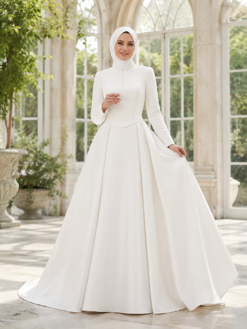 Modest Muslim Long Sleeve High Neck Mikado A-Line Wedding Dress front view