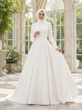 Modest Muslim Long Sleeve High Neck Mikado A-Line Wedding Dress front view