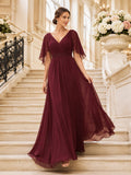 Burgundy V Neck Cape Sleeve Chiffon Formal Dress front view