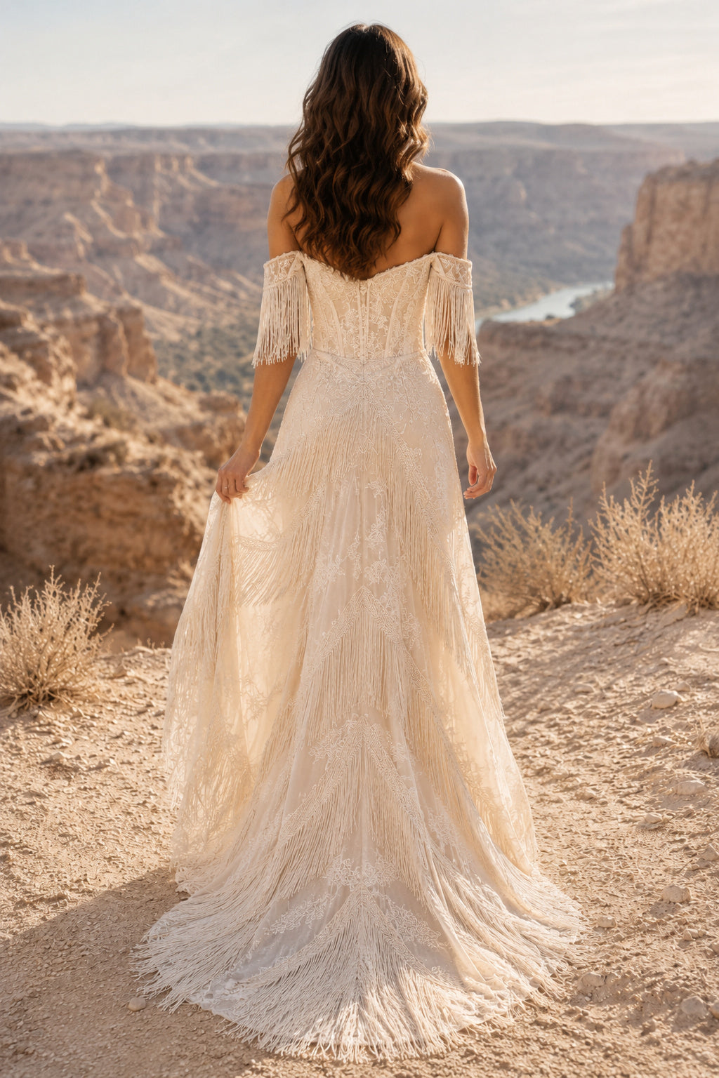 Champagne Off-the-Shoulder Fringe Boho A-Line Wedding Dress with Lace Bodice back view