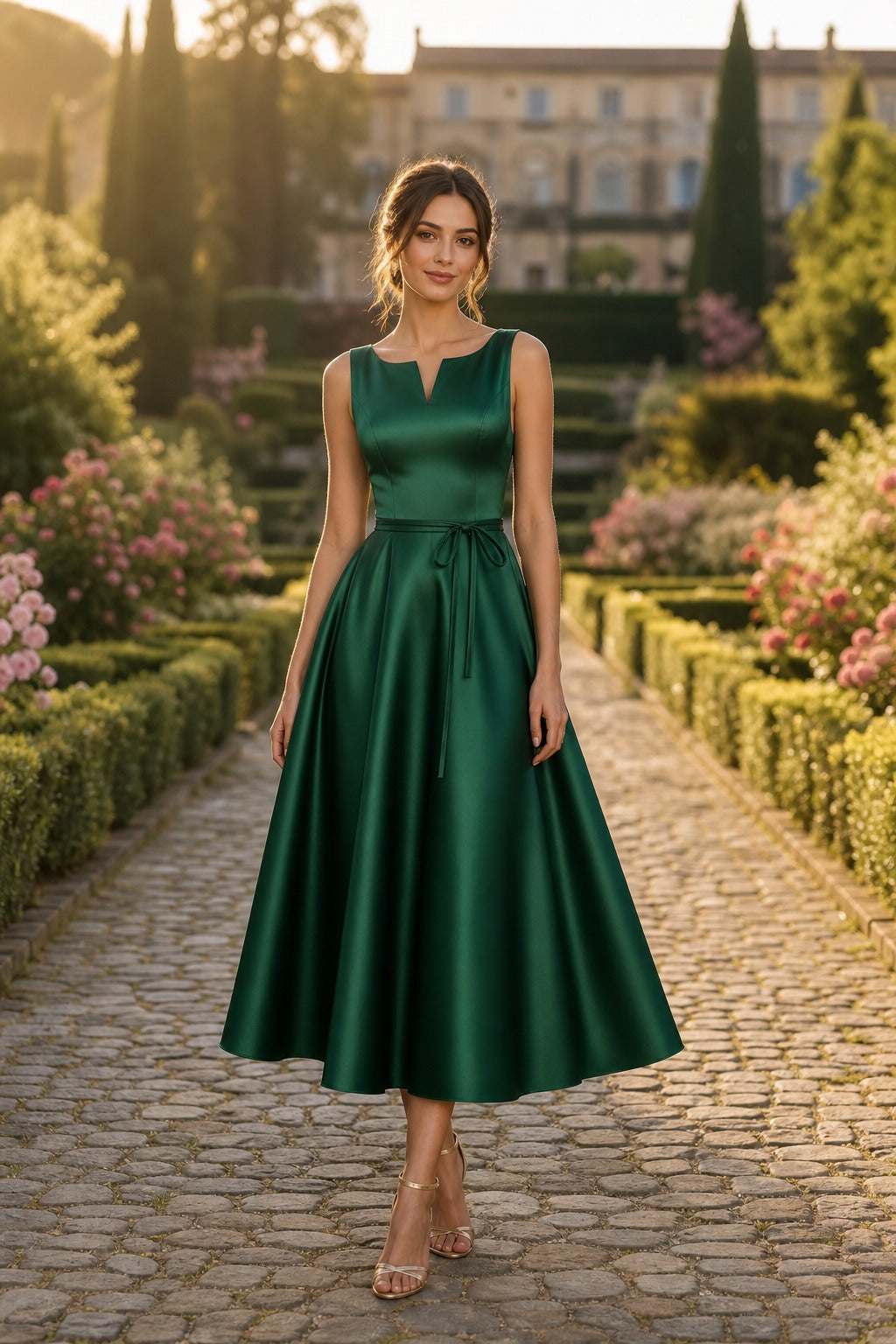Emerald Scoop Neck Tea-Length Satin A-Line Dress