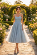 Light Blue Strapless Tea-Length Tulle A-Line Dress