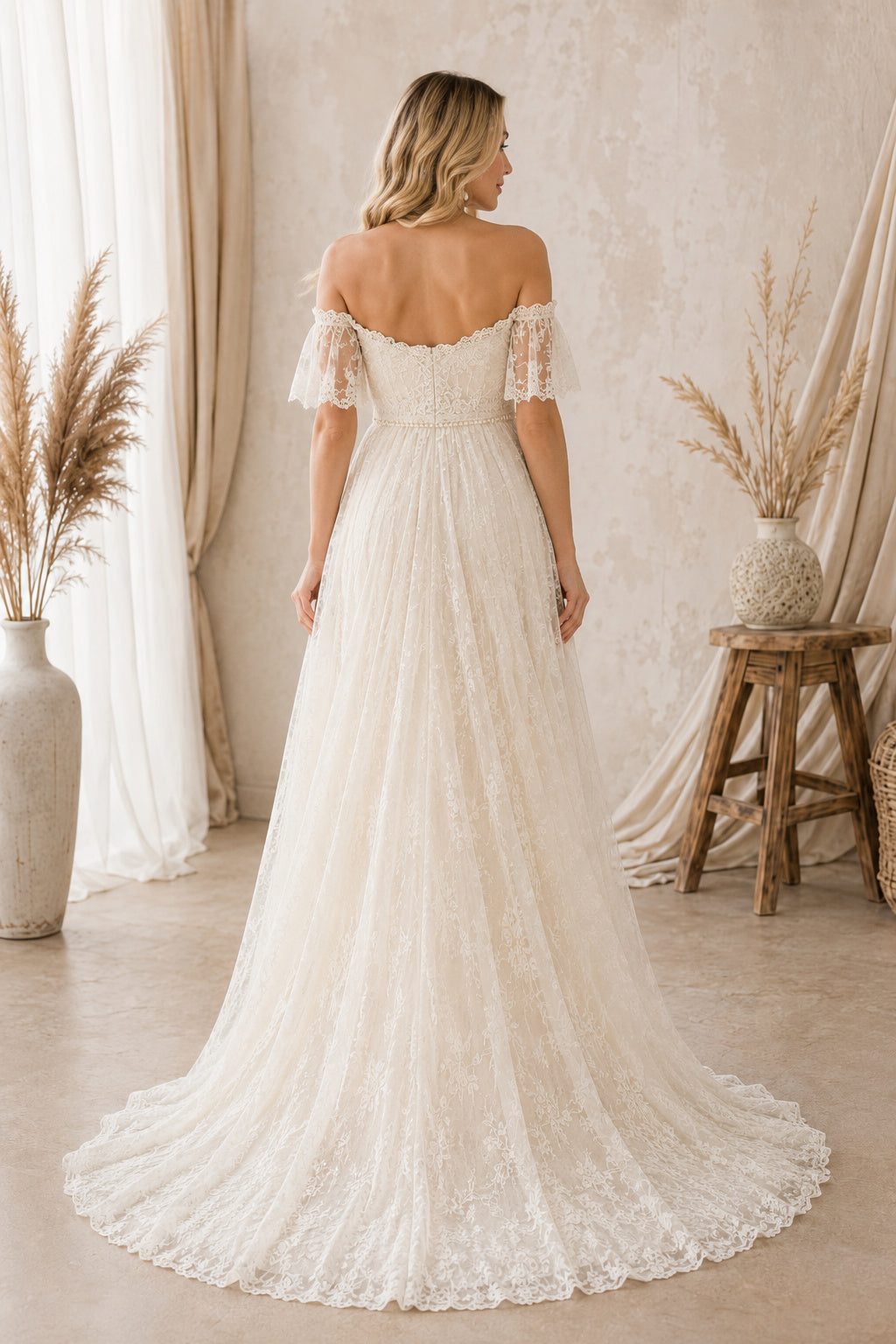 Ivory Maternity Off-the-Shoulder Lace A-Line Wedding Dress with Short Sleeves back view