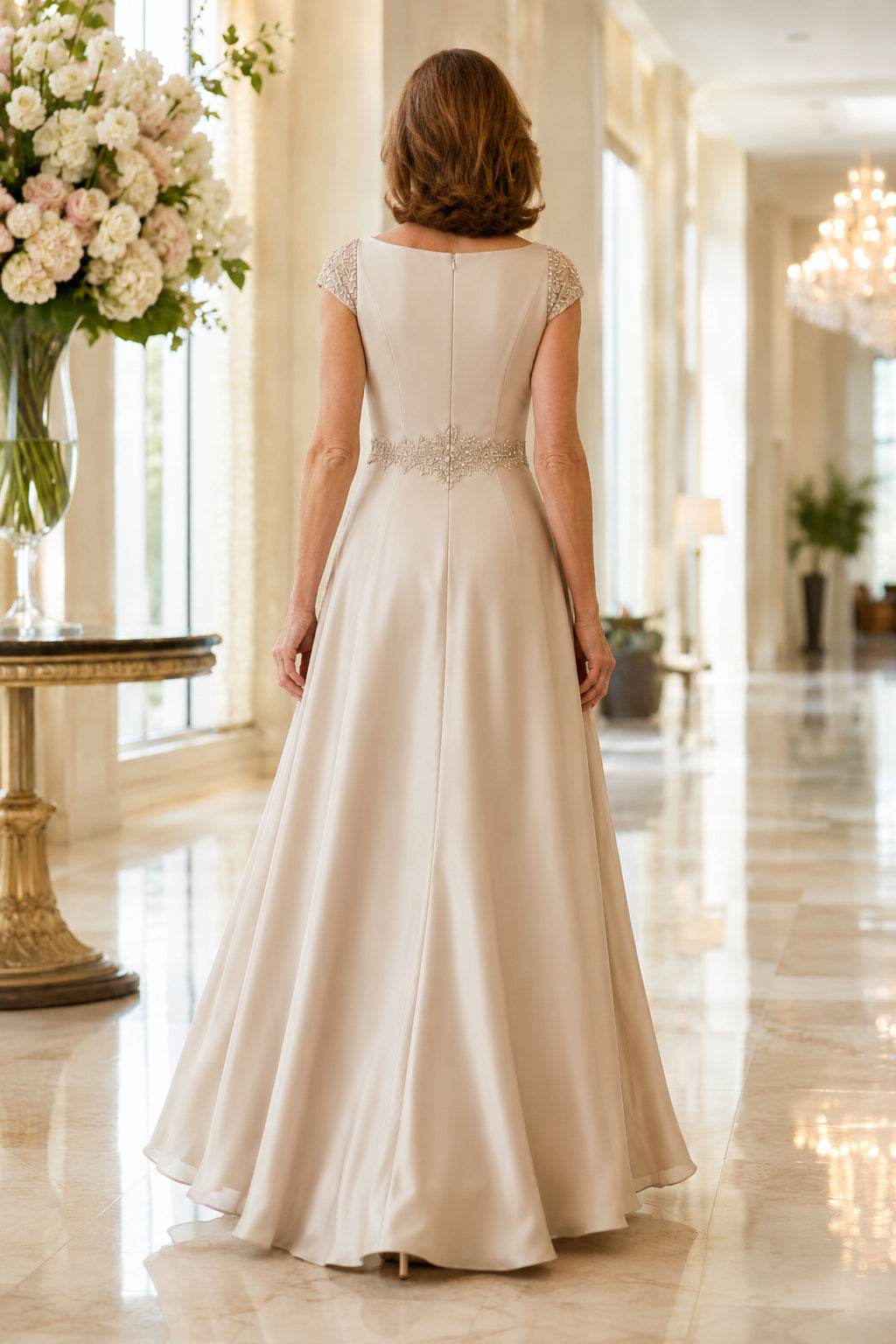 Champagne Bateau Satin Mother Dress with Sleeveless Bodice and Beaded Waist for Evening Reception back view