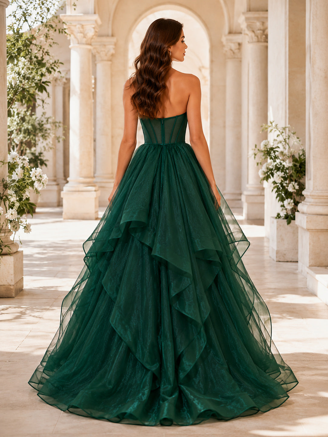 Emerald Strapless Tiered Organza Ball Gown Formal Dress back view