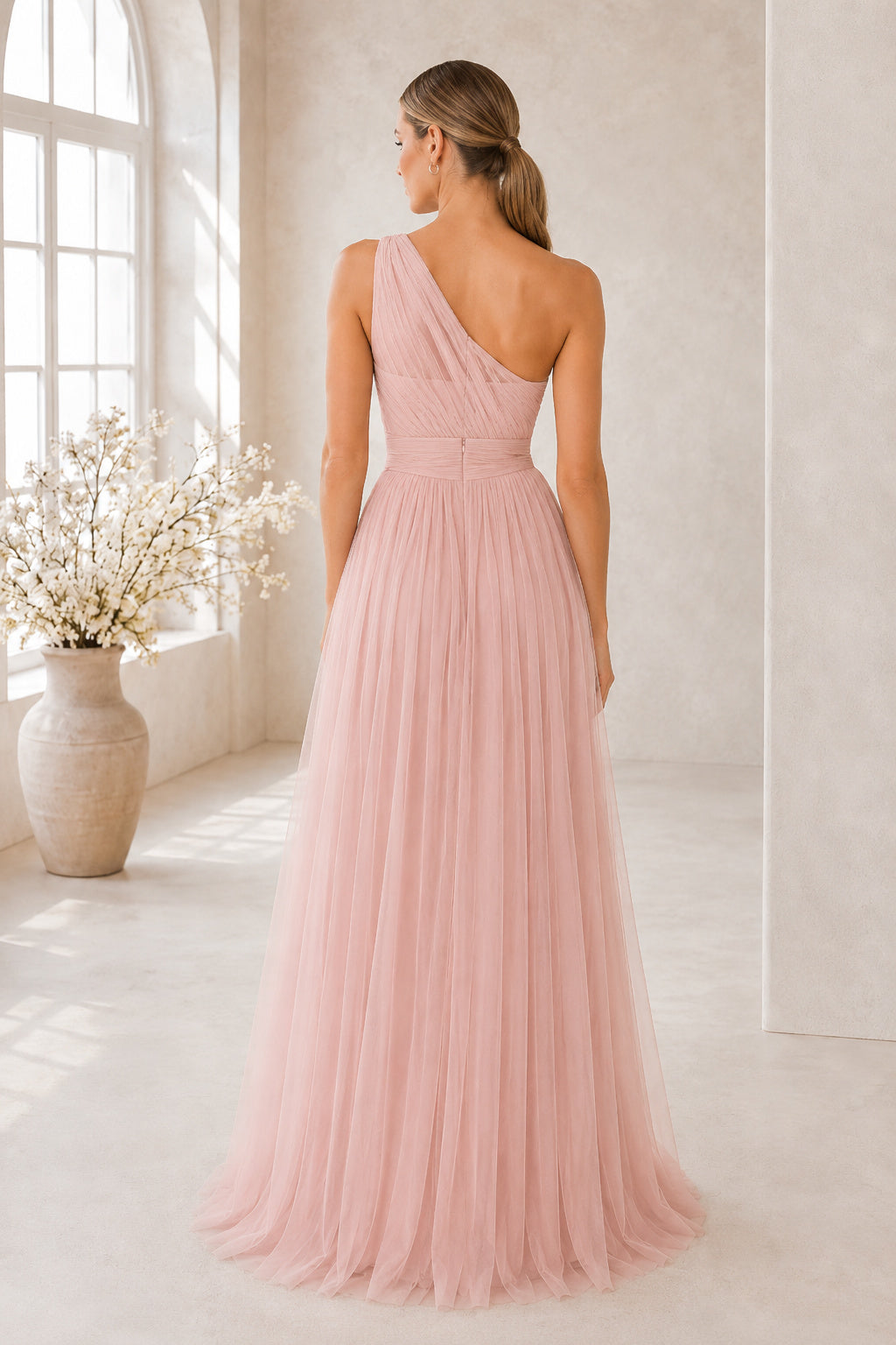 Blush One-Shoulder Tulle A-Line Bridesmaid Dress with Pleated Waist back view