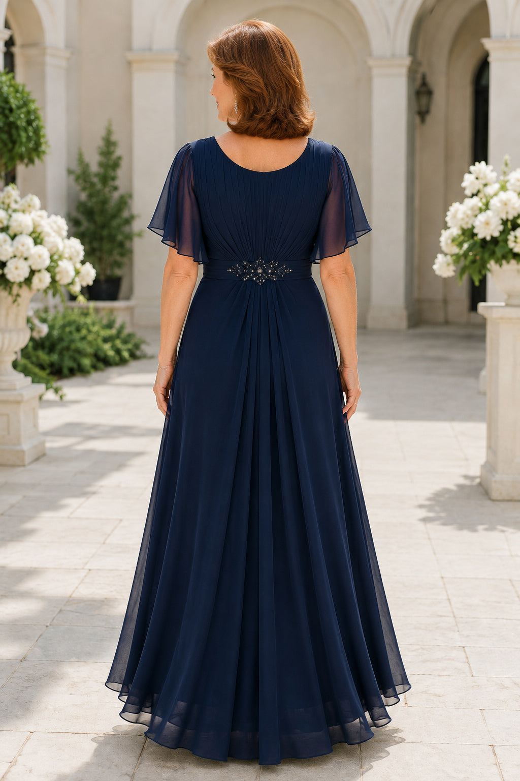 Dark Navy Scoop Neck A-Line Mother Dress with Flutter Sleeves and Beaded Waist for Evening Reception back view