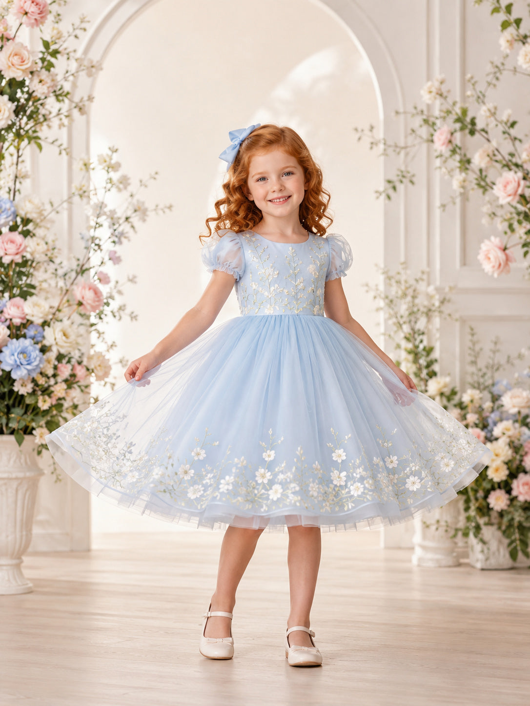 Sky Blue Floral Vine Flower Girl Dress with Puff Sleeves, Botanical Embroidery, Tulle A-Line, and Tea-Length Skirt front view