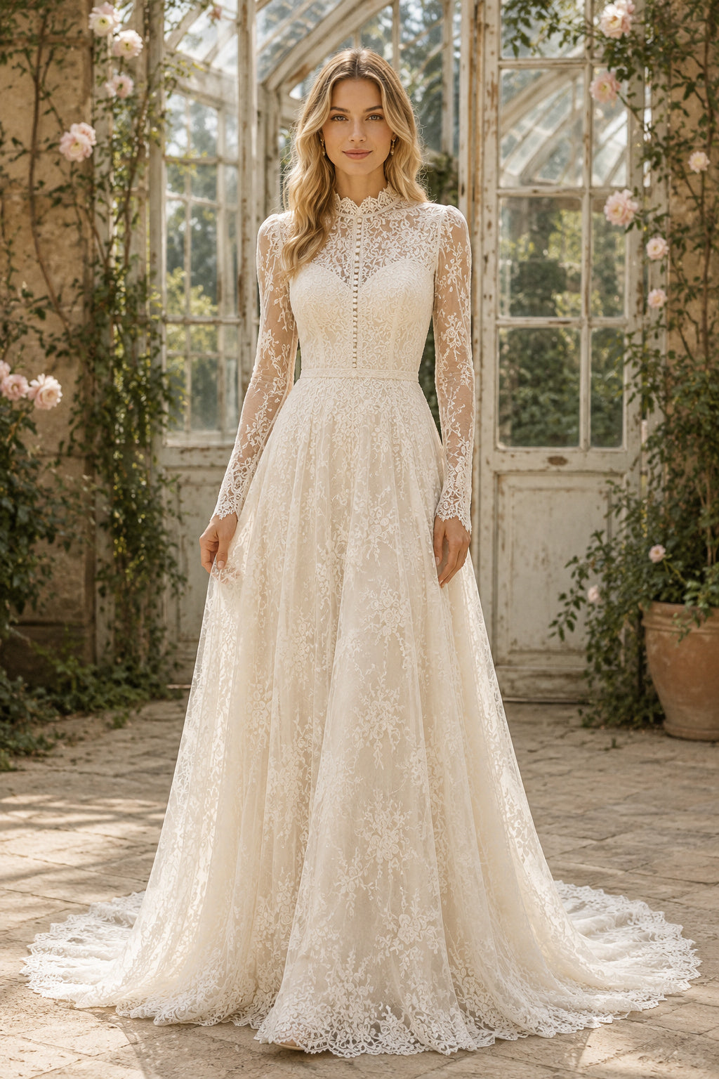 Ivory High Neck Long Sleeve Lace A-Line Wedding Dress with Illusion Back and Train front view