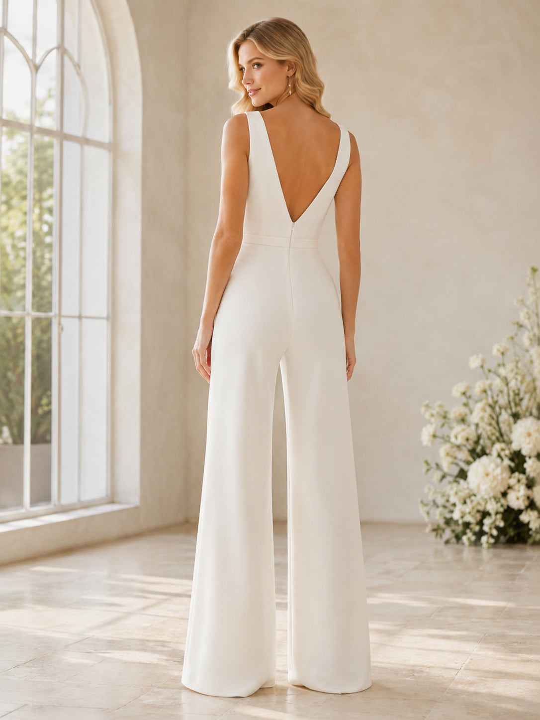 Modern Plunging V Neck Sleeveless Wide Leg Bridal Wedding Jumpsuit back view