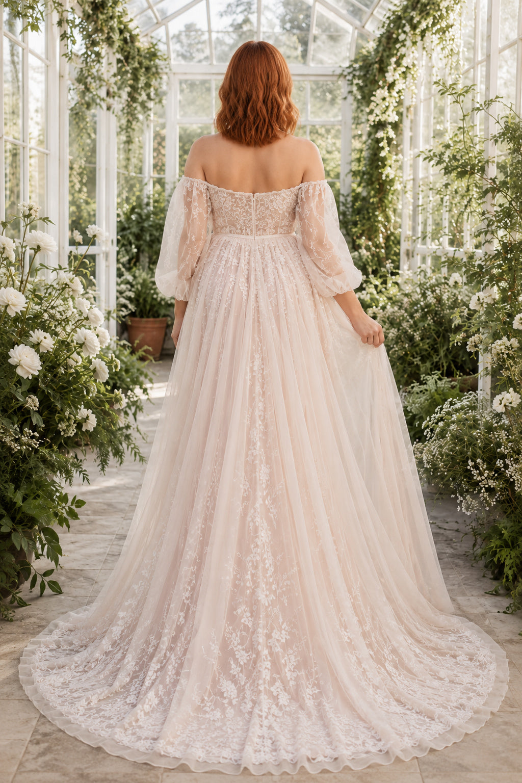 Blushing Pink Off-the-Shoulder Lace Maternity Wedding Dress with Tulle Skirt back view