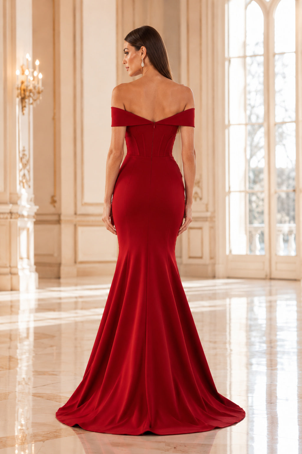 Red Off-the-Shoulder Satin Mermaid Evening Dress with Front Slit back view