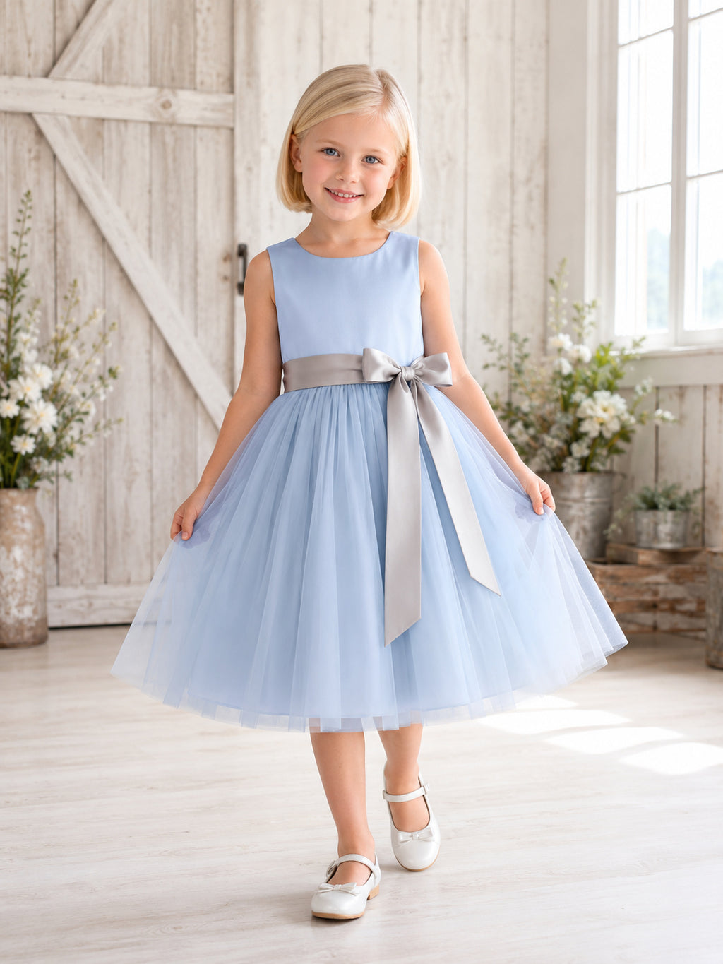 Sky Blue Tulle Sleeveless A-Line Flower Girl Tea-Length Detachable Sash Dress front view