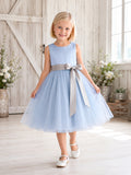 Sky Blue Tulle Sleeveless A-Line Flower Girl Tea-Length Detachable Sash Dress front view