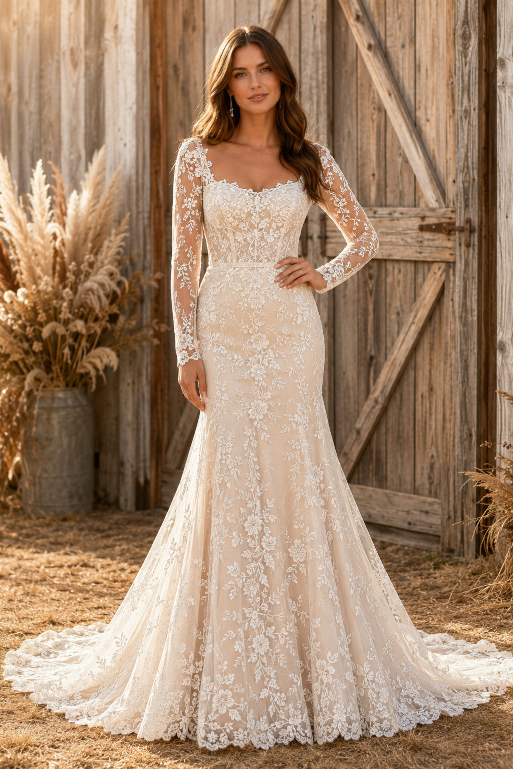 Ivory Square Neck Long Sleeve Lace Mermaid Wedding Dress with Low Back and Train front view