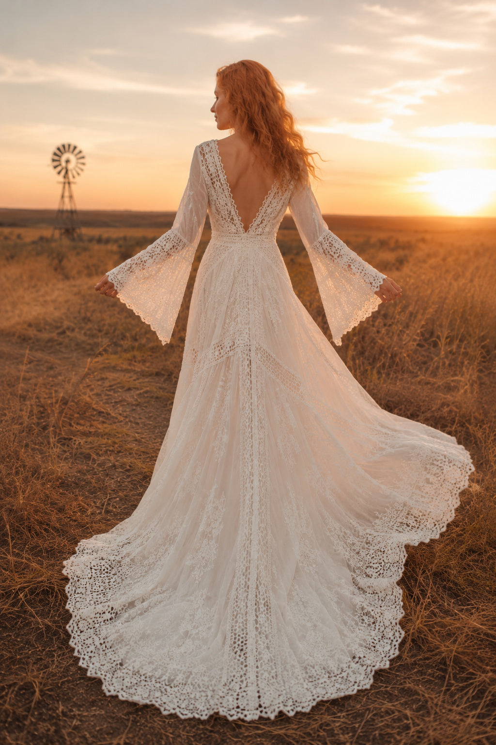 Ivory V-Neck Long Bell Sleeve Boho Lace A-Line Wedding Dress with Deep V Back and Train back view