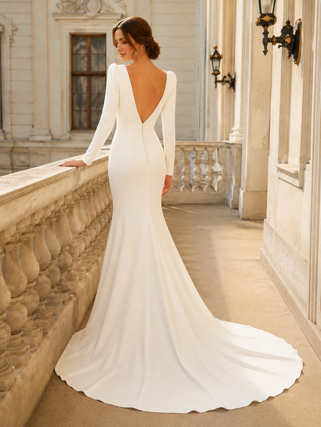 Long Sleeve V Neck Crepe Mermaid Chapel Train Wedding Dress back view