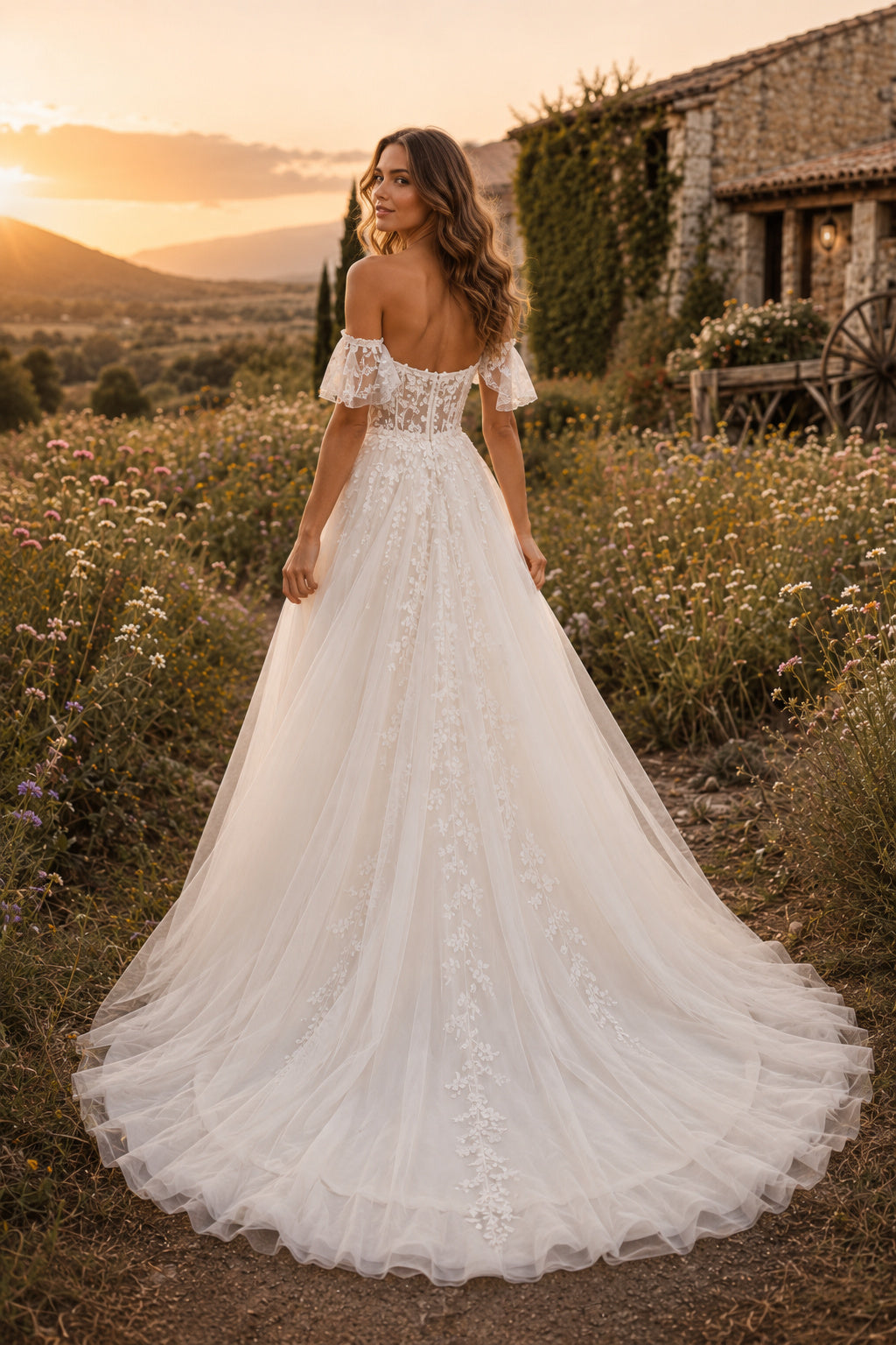 Ivory Off-the-Shoulder Lace A-Line Wedding Dress with Sweetheart Bodice and Full Train back view