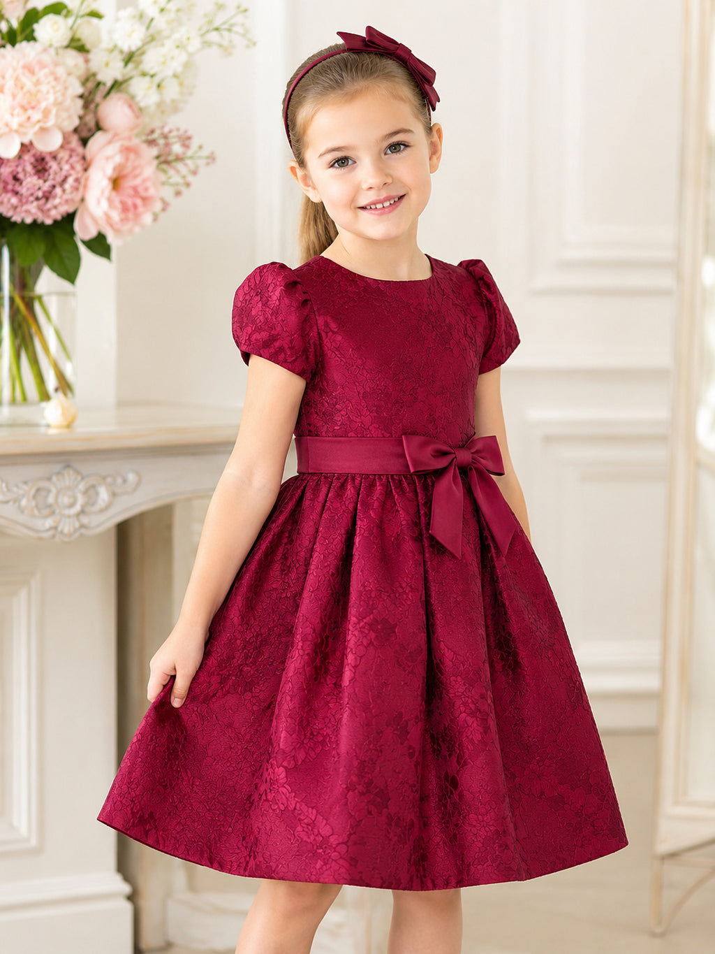Burgundy Satin A-Line Flower Girl Dress with Cap Short Sleeve, jewel Neckline, and Knee length Skirt with Bow Accents front v