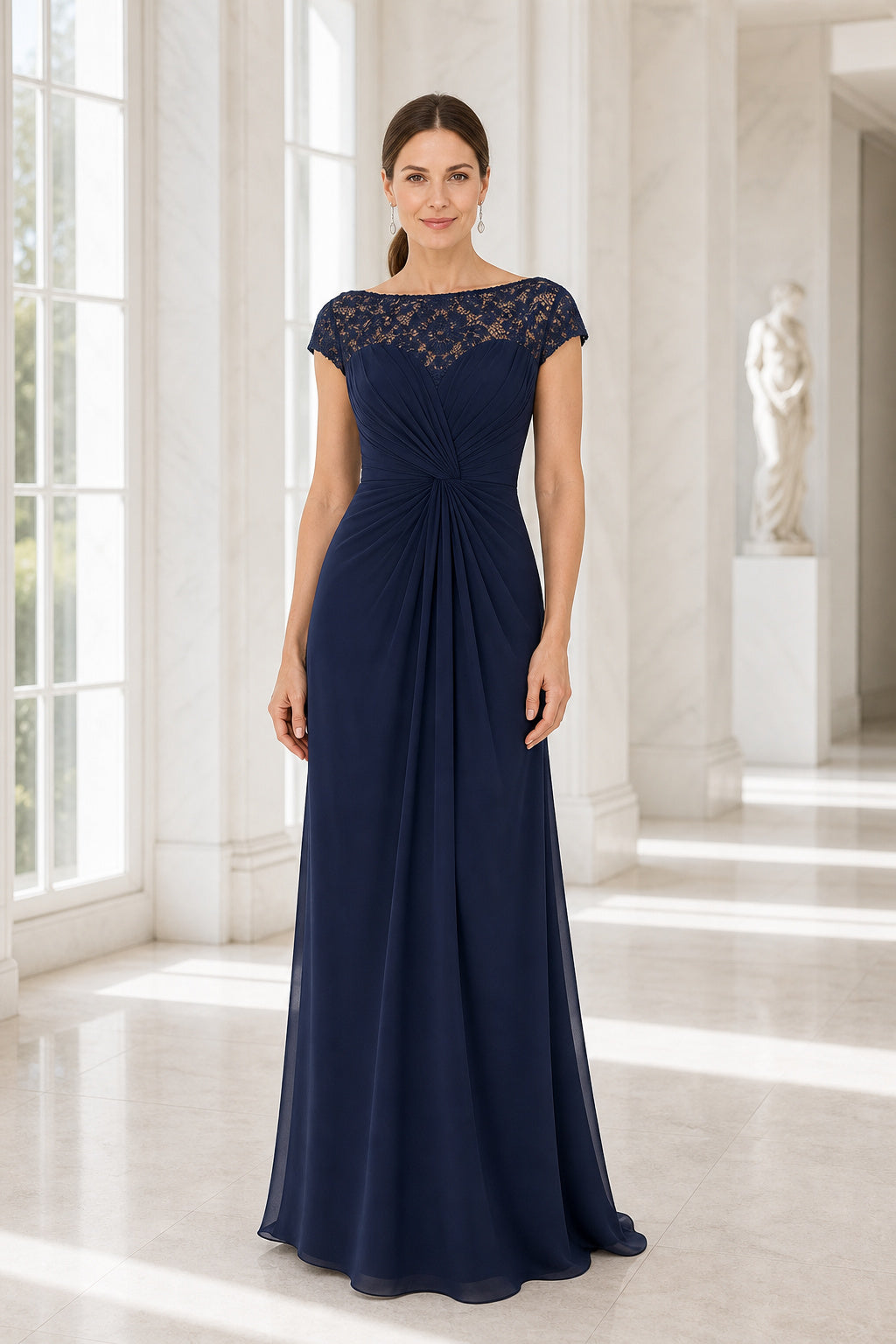 Navy Bateau Cap Sleeve A-Line Chiffon Floor-Length Dress With Keyhole Back