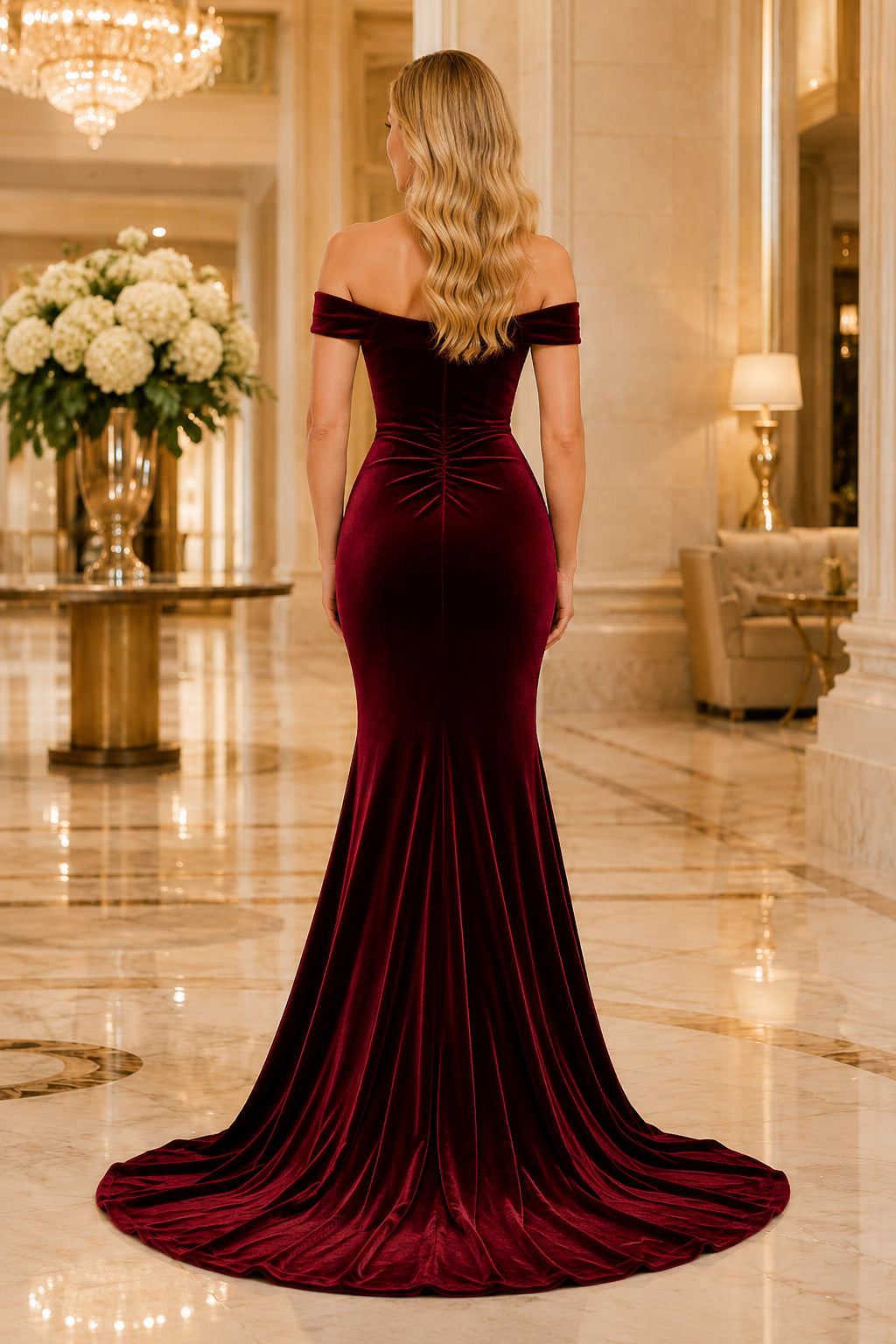 Burgundy Off-the-Shoulder Velvet Mermaid Evening Dress with Train back view
