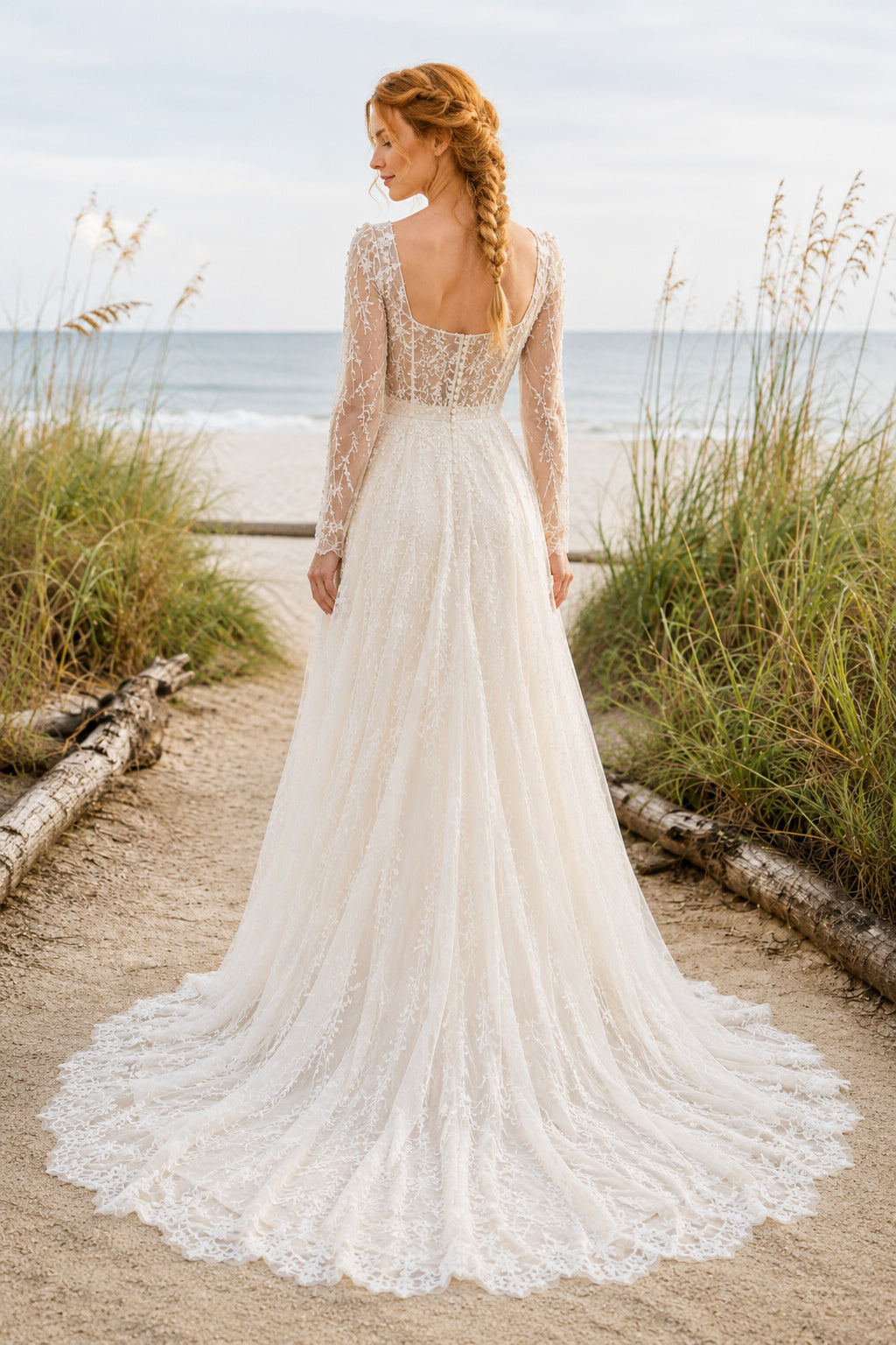 Ivory Square Neck Long Sleeve Lace Tulle A-Line Wedding Dress Train for Bridal Ceremony and Reception back view