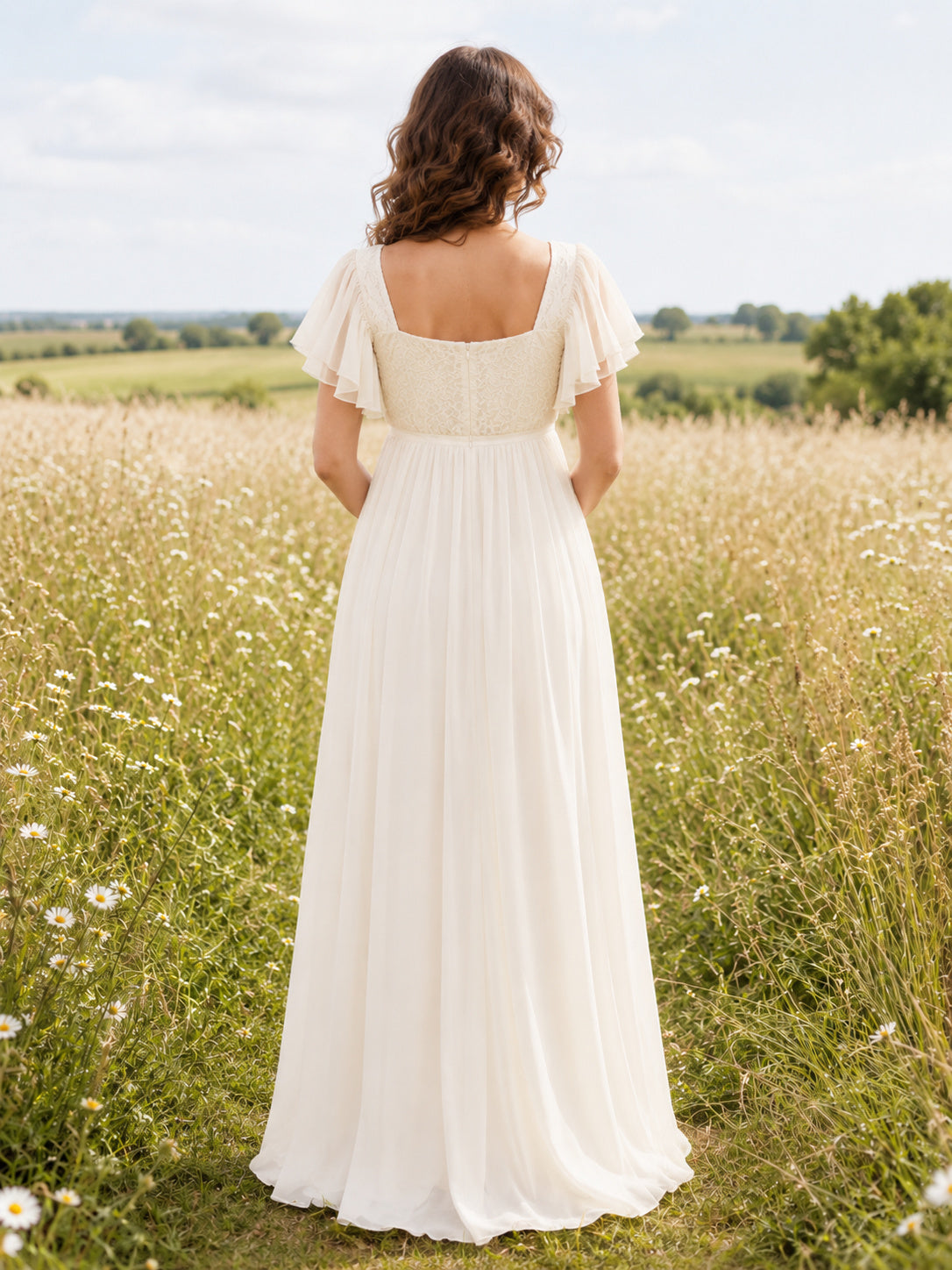 Square neck puff sleeve empire maternity chiffon maxi dress back view