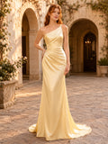 Daffodil Yellow One Shoulder Draped Satin Sheath Court Train Wedding Dress front view
