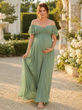 Maternity Sage Off Shoulder Flutter Sleeve Empire Floor Length Dress front view
