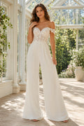 Ivory Off Shoulder Lace Bodice Wedding Jumpsuit front view