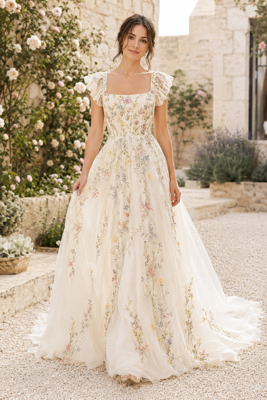 Ivory Cap Sleeve Floral Embroidered A-Line Wedding Dress with Square Neck and Train front view