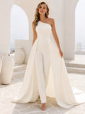 Minimalist Satin Wedding Jumpsuit One Shoulder Sleeveless Overskirt Sweep Train front view