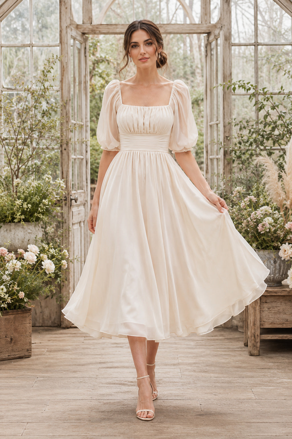 Ivory Square Neck Puff Sleeve Chiffon Tea Length Wedding Dress for Wedding Reception and Party front view