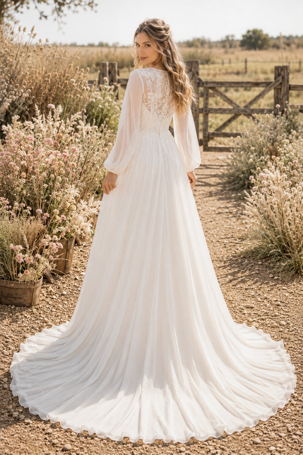 Maternity High Neck Long Sleeve A-Line Wedding Dress with Empire Waist and Train back view