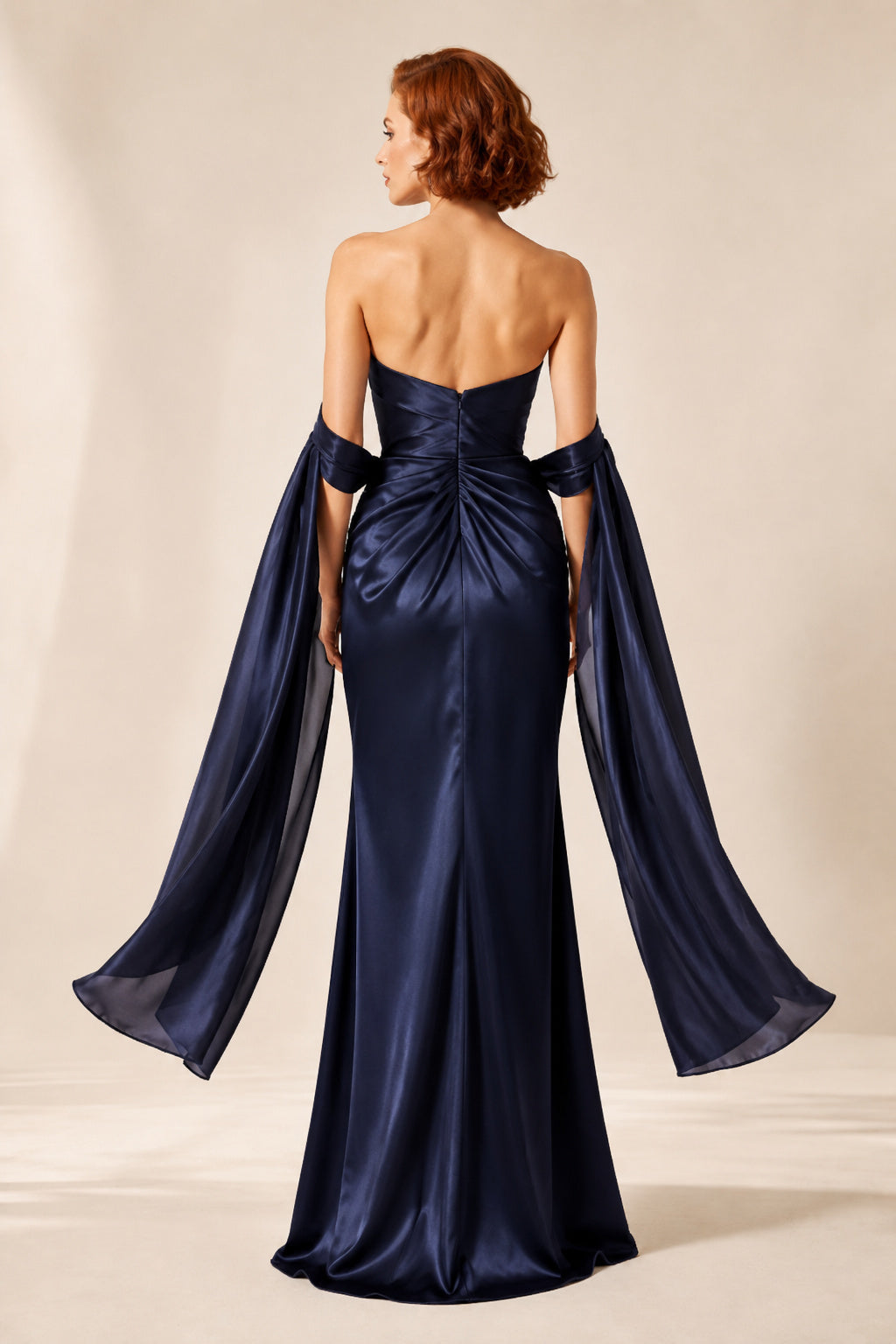Dark Navy Strapless Sweetheart Satin Sheath Evening Gown With Sheer Cape Drape Evening Dress back view