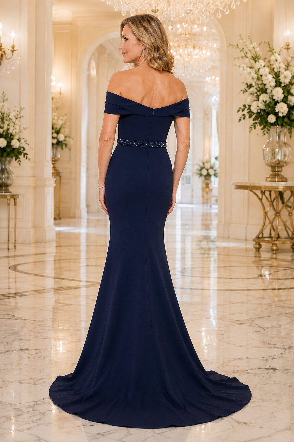 Dark Navy Off the Shoulder Mermaid Mother Dress with Beaded Waist and Sweep Train back view