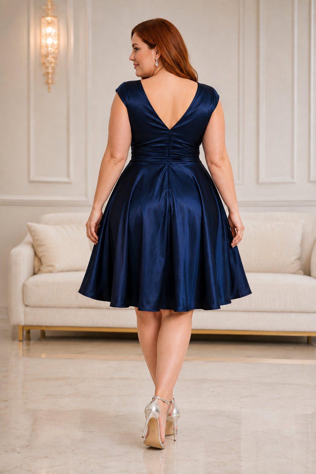 Dark Navy Plus Size Satin Knee-Length A-Line Cocktail Dress with V-Neck and Cap Sleeves back view