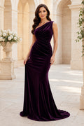 Plum Velvet One-Shoulder Mermaid Evening Dress front view